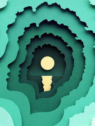 A cut paper illustration showing five stacked of silhouettes of the same person’s face—progressively becoming smaller and darker. The is filled with shows a moon reflecting on water.